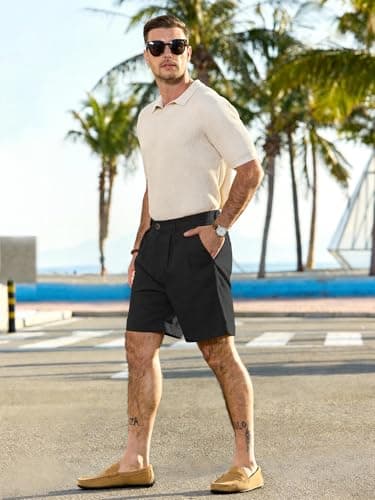 JEMLDL Mens Black Cotton Linen Shorts 7 Inch Inseam Casual Pleated Summer Vacation City Wear Elastic Waist Dressy Shorts with Pockets X-Large - Thumbnail 3