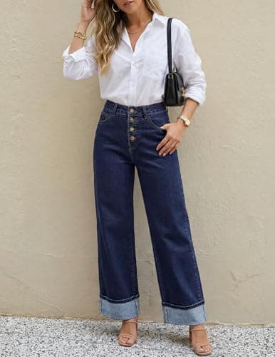 MEROKEETY Wide Leg Jeans Women 2026 Baggy Trendy Mid Rise Button Fly Straight Leg Turned-up Hem Denim Pants with Pockets, Navy Blue, Size 20 - Thumbnail 4