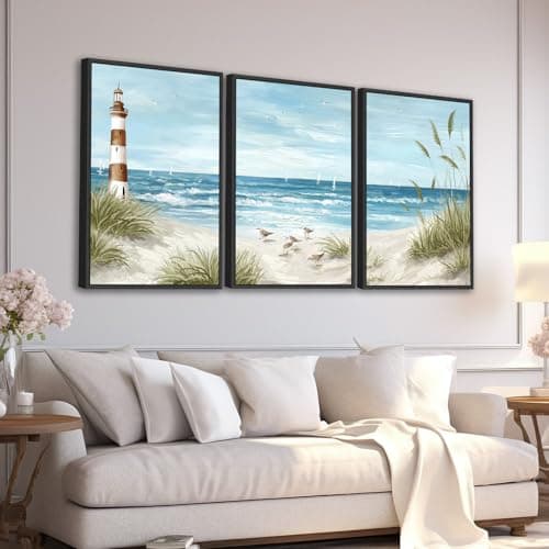 Large Framed Coastal Wall Art - Summer Beach Lanscape Wall Decor Painting 24"x36" Set of 3 Seabird Lighthouse Prints Ocean Waves Canvas Pictures for Living Room Bedroom Office Artwork - Image 1