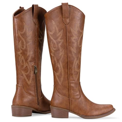 Jeossy Women's Brown Cowboy Boots Embroided Western Cowgirl Boots Round Toe Knee High Pull on Wide Calf Shoes with Inside Zipper Size 7 (DJY9809 brown 07) - Thumbnail 6