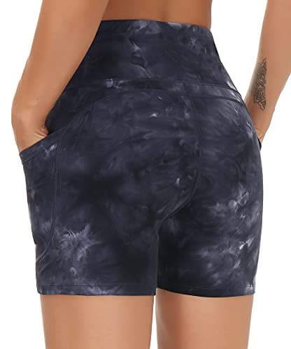 THE GYM PEOPLE High Waist Yoga Shorts for Women Tummy Control Fitness Athletic Workout Running Shorts with Deep Pockets (Medium, Tie Dye Black Grey) - Thumbnail 3