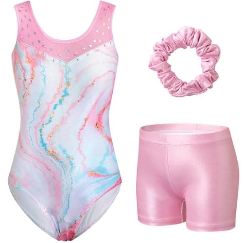 HOZIY Girls Gymnastics Practice Leotards Kids Sleeveless Ballet Mesh Splicing Unitards Sparkle Marble Pink 3 Piece Tumbling Outfits with Shorts 6-7 Years - Image 1