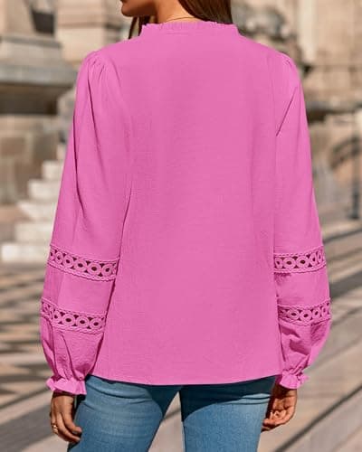 KIRUNDO Going Out Tops for Women 2026 Spring Fashion Boho Cotton Eyelet Long Sleeve Button Up Shirt Lace Dressy Casual Blouse(Hot Pink, Small) - Thumbnail 2