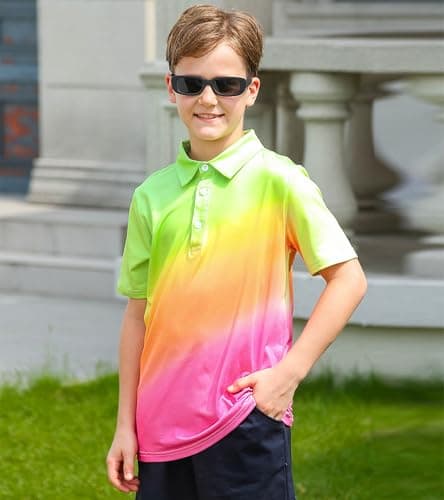 uideazone Boys Polo Shirt Orange Pink Gradient Golf Shirts Dry Fit Performance Polos Neon Color Collared Tops Size 5-6 - Thumbnail 2