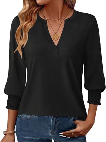 GKBK Womens 3/4 Sleeve Shirts V Neck Dressy Casual Spring Summer Blouses with Smocked Cuffs A- Black - Image 1