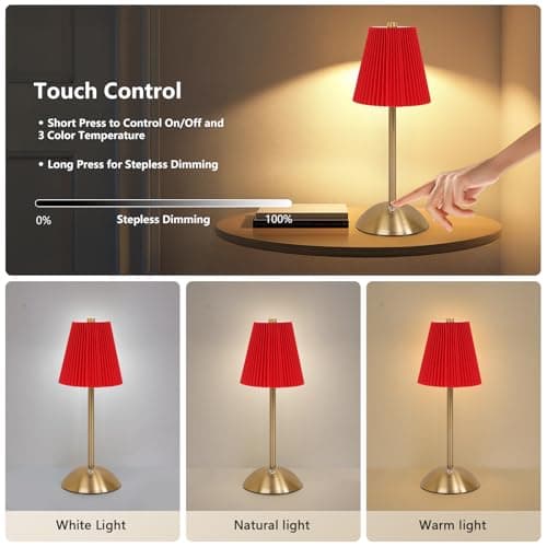 Red Table Lamps , Small Gold Table Lamp 12 Inch for Girl's Bedroom Cute Coquette Table Lamp with Fabric Shade Modern Decorative Bedside Light Small Princess Desk Lighting Boho Living Room (Red) - Thumbnail 5