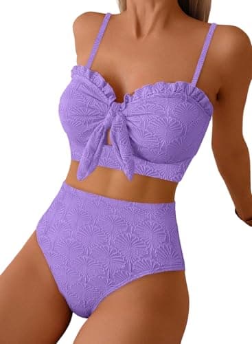 Herseas Women's Seashell Textured Bikini Sets Knotted Front Ruffle Swimsuits Full Coverage High Waisted Flattering Bathing Suits Teen Girls Purple Resort Essentials X-Small - Image 1