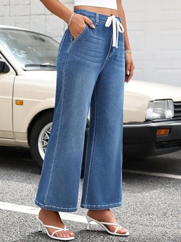 HDLTE Wide Leg Jeans Woman High Waisted Trendy Pull On Elastic Waist Drawstring Stretchy Denim Jean Pants with Pockets，Light Blue，XL - Thumbnail 3