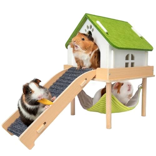 BESNEW 3 in 1 Enlarged Guinea Pig Hammock,Wooden Guinea Pig Hideout with House & Platform & Stairs Small Animal Toys for Hiding Sleeping Activities