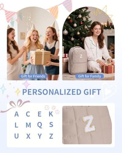 WANDF Initial Laptop Backpack for Women, Quilted Puffer 14 Inch College Backpack, Personalized Water-Resistant Travel Backpack Daypack (Khaki Z) - Thumbnail 2