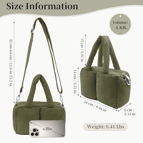 JHhomezeit Small Puffer Bag for Women, Crossbody Puffer Tote Bag Quilted Puffy Bags Satchel Shoulder Purse Fluffy Handbag Army Green - Thumbnail 3