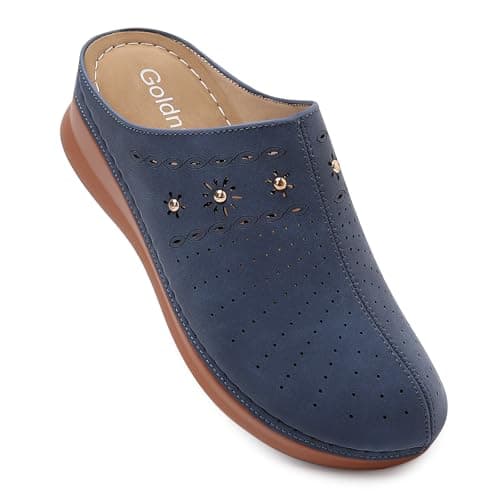 Goldnut Closed Toe Clogs for Women Slip-On Mules: Comfortable Women's Navy Blue Mule & Clog with Carved Floral Design M US 10.5 - Image 1
