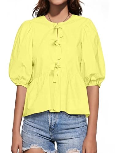 Tankaneo Womens Tie Front Tops Summer Peplum Babydoll Puff Short Sleeve Blouse Cute Cotton Shirts Yellow - Image 1