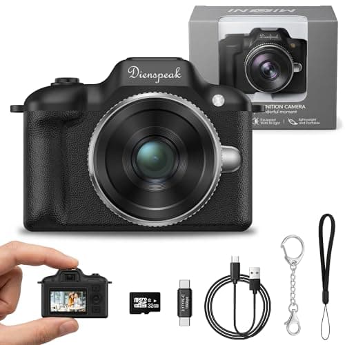 Dienspeak Mini Camera, 1080P HD Retro Keychain Digital Camera for Kids & Adults, Tiny Small Portable Pocket Video Recorder with 32GB Card, Vintage Camcorder for Travel Vlogging Memories, Black - Image 1