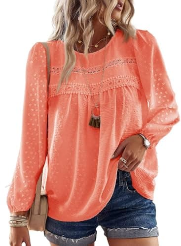 Falechay Womens Spring Blouses Crew Neck Lace Hem Basic Tee Shirts Flowy Chiffon Blouses Clothing for Women Bright Orange L - Image 1