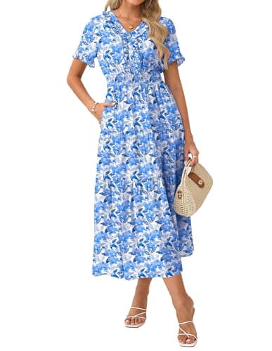 GRACE KARIN Casual Summer Dress for Women V-Neck Short Sleeve Ruffle Maxi Dress White Blue Floral XL - Image 1