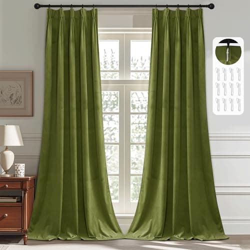 StangH Olive Green Velvet Pinch Pleated Curtains 96 inches Long, Block Light Thermal Insulated Window Drapes with Hooks Super Soft Track System Panels for Living Room, W38 x L96, 2 Panels - Image 1