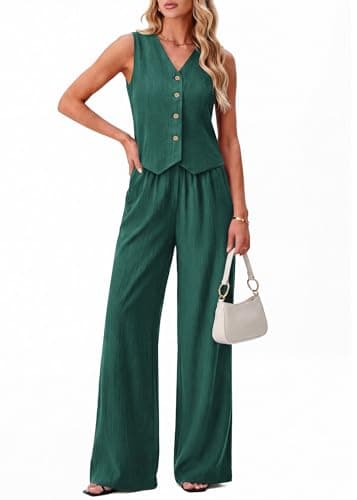 KIRUNDO Business Casual Outfits for Women Vest Tops Pant Suits Dressy 2 Piece Sets Summer Crop Blazer Wide Leg Work Pants(Dark Green, Medium) - Image 1