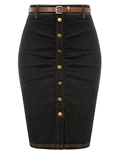 Belle Poque Denim Pencil Skirt for Women Ruched Bodycon Jeans Skirt with Belt High Waisted Pencil Skirts Black L - Image 1