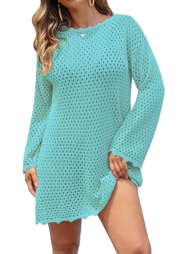 AiMgFUN Women's Swimsuit Crochet Swim Cover Up Long Sleeve Summer Bathing Suit Swimwear Mesh Cover ups Beach Vacation Clothes for Women Aqua-XL - Image 1