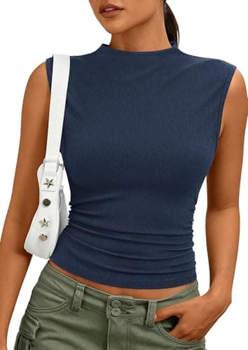 PRETTYGARDEN Sleeveless Tops for Women Ribbed Mock Neck Tank Top Slim Fitted Ruched Basic Layering Shirts 2026 Summer Clothes (Royal Blue,Small) - Image 1