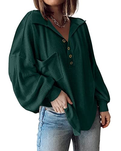BTFBM Womens Fall Fashion 2026 Long Sleeve Shirts Casual V Neck Ribbed Knit Blouses Pullover Trendy Loose Fit Tunic Tops(Turndown Dark Green, Medium) - Image 1