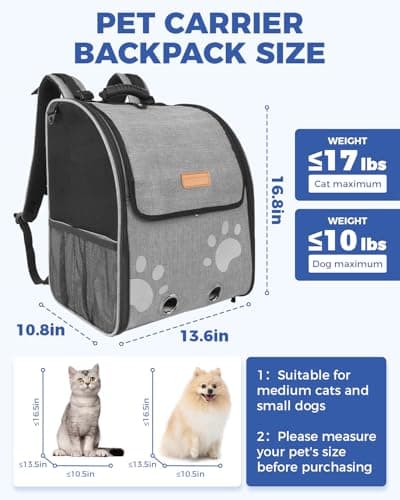 MOYSOON Cat Carrier Backpacks for Kitty Small Dog up to 15 lbs, Lightweight and Foldable Dog Backpack Carrier with Breathable mesh for Travel, Walking, Hiking, Camping and Vet (Grey) - Thumbnail 2