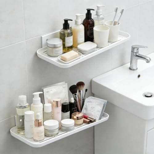 Wall Mounted Floating Shelf, Self Adhesive Shelf, No Drill Adhesive Wall Shelf, Floating Shelves Damage-Free Expand Walls Space for Living Room Kitchen Bathroom (2, White) - Image 1