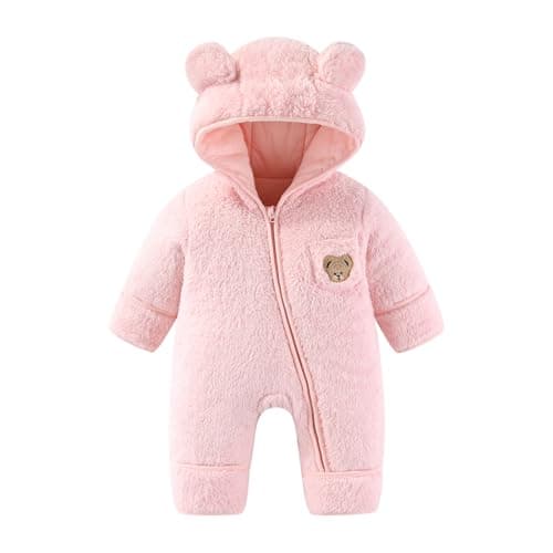 JiAmy Baby Snowsuit Fleece Bunting - Newborn Winter Bear Onesie Warm Hooded Romper with Foldover for Infant Boys GirlsPink 6-9 Months - Image 1