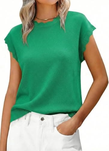 Jenisso Women Summer Sweater Cap Sleeve Lightweight Pullover Soft Knit Top with Scallop Wavy(Green,XL) - Image 1