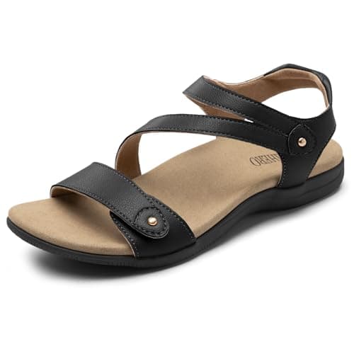 Rihero Orthopedic Sandals for Women Arch Support Comfortable Flat Sandals with Adjustable Strap for Summer Beach Walking Black 7.5 - Image 1