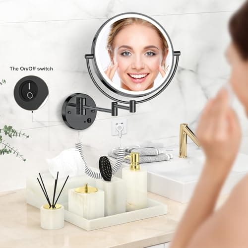 Rocollos 9" Plug-in Wall Mounted Lighted Makeup Mirror 1X/10X Magnification, Super Large Double Sided LED Vanity Mirror for Bathroom (Black) - Thumbnail 2