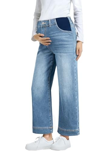 BLENCOT Women's Maternity Baggy Jeans Stretchy Wide Leg Jeans Side Panel Loose Pregnancy Denim Pants with Pockets Beau Blue L - Image 1