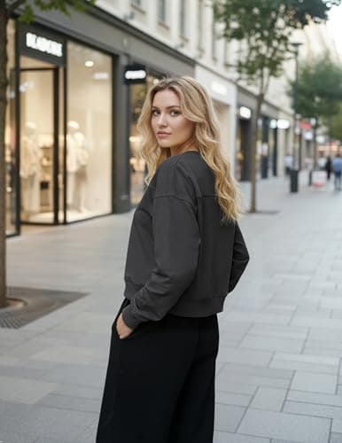 LETSEE Cropped Sweatshirt for Women Oversized Crewneck Cotton Long Sleeve Crop Pullover Casual Lightweight Boxy Sweater Dark Grey - Thumbnail 5