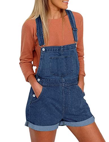 Vetinee Women's Deep Blue Classic Adjustable Straps Cuffed Hem Denim Bib Overall Shorts Small - Image 1