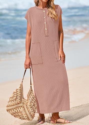 KIRUNDO Womens Summer Dresses 2026 Spring Ribbed Knit Henley Short Sleeve Maxi Dress Button Up Loose Beach Vacation Sundress(Light Brown, XX-Large) - Thumbnail 3