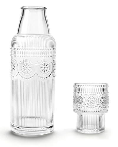 DmmyAlzx Bedside Water Carafe and Glass Set, 20.5oz Glass Pitcher with 6oz Tumbler Lid, Nightstand Water Container & Mouthwash Dispenser for Bedroom & Bathroom, Sunflower-Pattern - Image 1