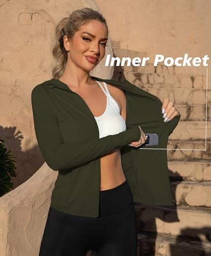 We1Fit Women's Athletic Hoodie Jacket Sun Shirt UPF 50+ UV Protection Long Sleeve Summer Clothing Workout Shirts Army Green - Thumbnail 6