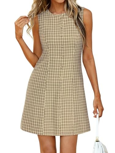 BTFBM Womens Summer Dress 2026 Spring Plaid Crew Neck Sleeveless Button Bodycon Mini Vintage Business Casual Dresses(Khaki, Large) - Image 1