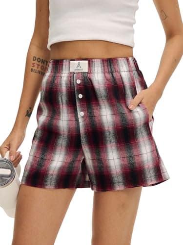 ANRABESS Shorts for Women 2026 Summer Casual Lounge Pajama Sleep Gingham Boxer Shorts Soft Comfy Beach Pj Bottoms Pockets Red Black Plaid Medium - Image 1