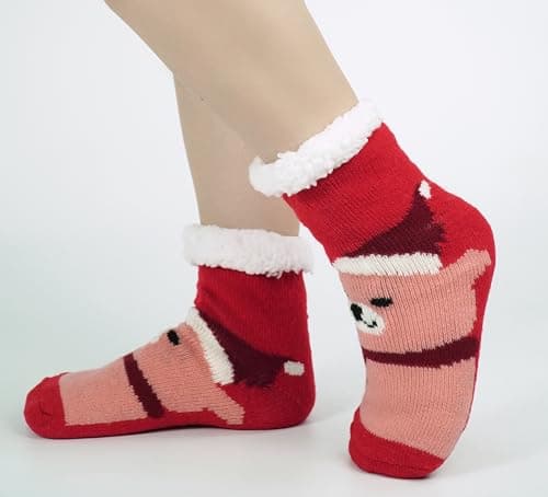 BenSorts Girls Slipper Fuzzy Socks Non-Slip Kids Boys Fleece Lined Warm Winter Child Home Cute Socks Red Bear 8 9 10 11 12 Years - Thumbnail 5