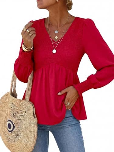 HEYTALALA Womens Long Sleeve Shirts V Neck Peplum Tops Dressy Casual Smocked Babydoll Blouses 2026 Spring Trendy Outfits Red S - Image 1