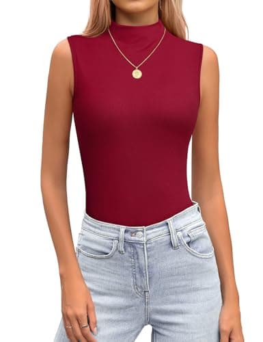 JUSTFASHIONNOW Mock Turtleneck Sleeveless Tops Stretchy Relax Fit Casual 2026 Summer Layer Tank Top(Red Small) - Image 1