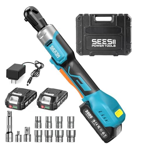 Seesii 3/8" Cordless Electric Ratchet Wrench, 60 ft-lbs (80Nm) High Torque, 21V Max, 2×2.0Ah Batteries, 0–300 RPM Variable Speed, Fast Charger, 10–17mm Socket Set, Extension Bar & Carry Case