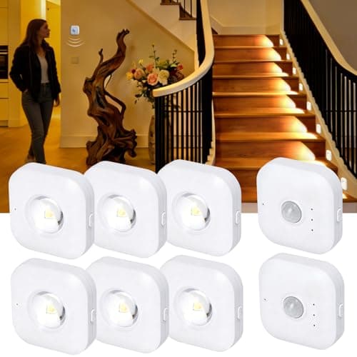 6 Pack Motion Sensor Stair Lights with 2 Independent Sensors-50FT Wall-Penetrating Remote & All Lights On Together,3CCT&Dimmable Night Lights,Wireless Stick On Lights for Hallway,Basement,Bathroom