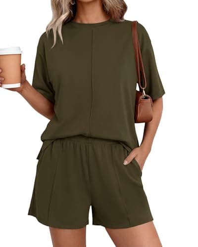 BTFBM Casual 2 Piece Sets For Women Summer 2026 Short Sleeve Tops Shorts Spring Lounge Matching Workout Airport Outfits(Army Green,Small) - Image 1