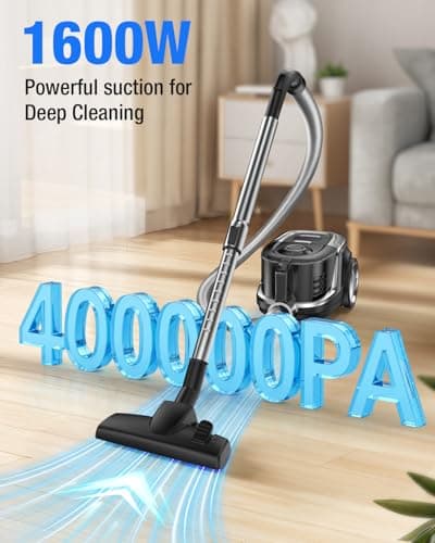 Zefiro Max 1600W Bagless Canister Vacuum Cleaner, 40kPa Powerful Suction, Lightweight, Auto Cord Rewind, HEPA Filter, Corded Vacuum for Floors, Carpets, Pet Hair in Homes & Apartments, Larger Capacity - Thumbnail 2