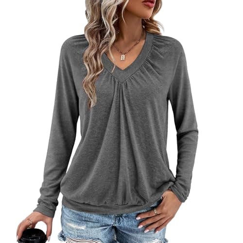 Long Sleeve Shirts for Women V Neck Casual Tops Women Long Sleeve Tops Basic T Shirts Outfits Womens Clothes 2025 (US, Alpha, Small, Regular, Regular, Dark Gray) - Image 1