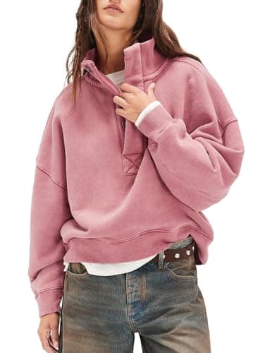 Fenclushy Sweatshirt for Women Long Sleeve 1/4 Button Mock Neck Pullover Tops Casual Outfits Tops(RosePink,M) - Image 1