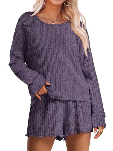 ANRABESS Women's 2 Piece Lounge Pajama Sets Casual Ribbed Long Sleeve Top Matching Shorts Sleepwear PJ Set 2025 Fall Outfits X-Large Purple - Image 1